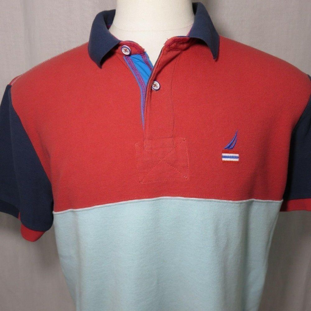 Nautica Red Navy Blue Aqua Color Block Polo Shirt L